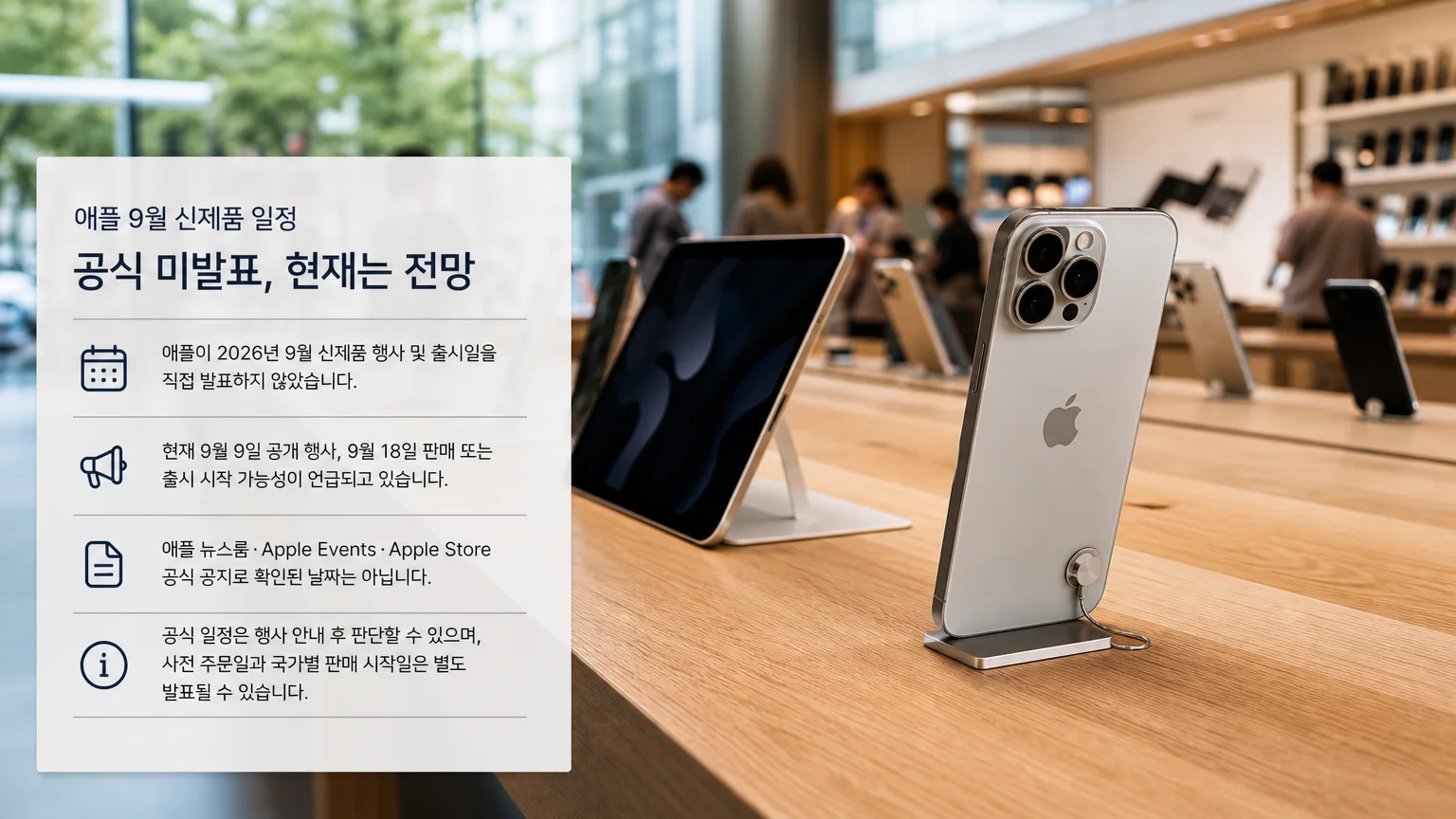 애플 9월 신제품 일정은 공식 미발표이며 9월 9일과 9월 18일은 전망이라는 안내 이미지