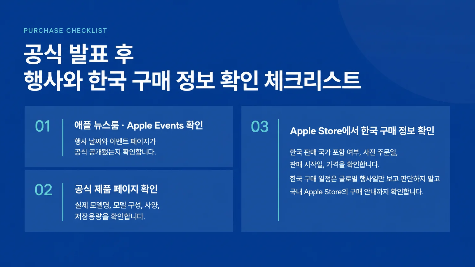 애플 공식 발표 후 행사와 한국 구매 정보를 확인하는 체크리스트