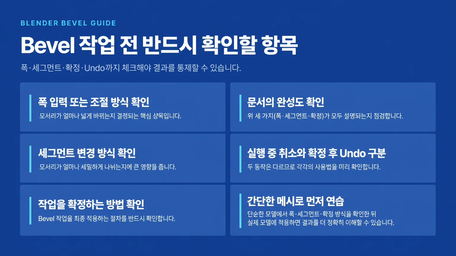 Blender Bevel 작업 전 확인할 폭 조절, 세그먼트, 확정, Undo 항목