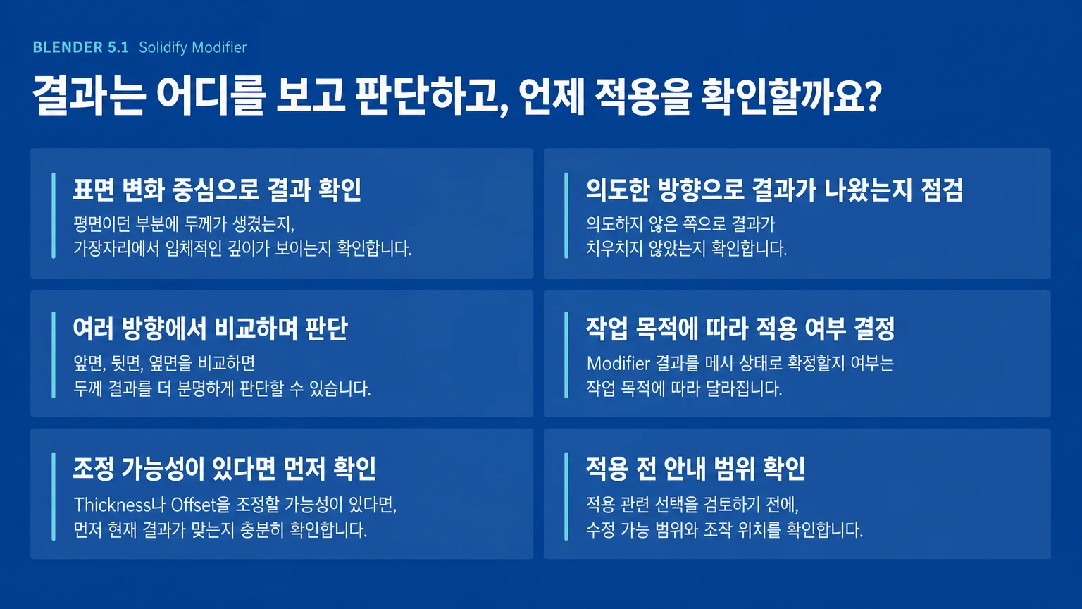 Blender 5.1에서 Solidify Modifier 작업 전 확인할 항목을 보여주는 흐름 그래픽