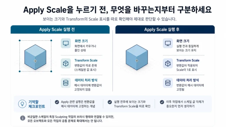 Blender Apply Scale 실행 전 확인할 시작 모드, 선택 대상, 메뉴 항목, Transform 표시 흐름