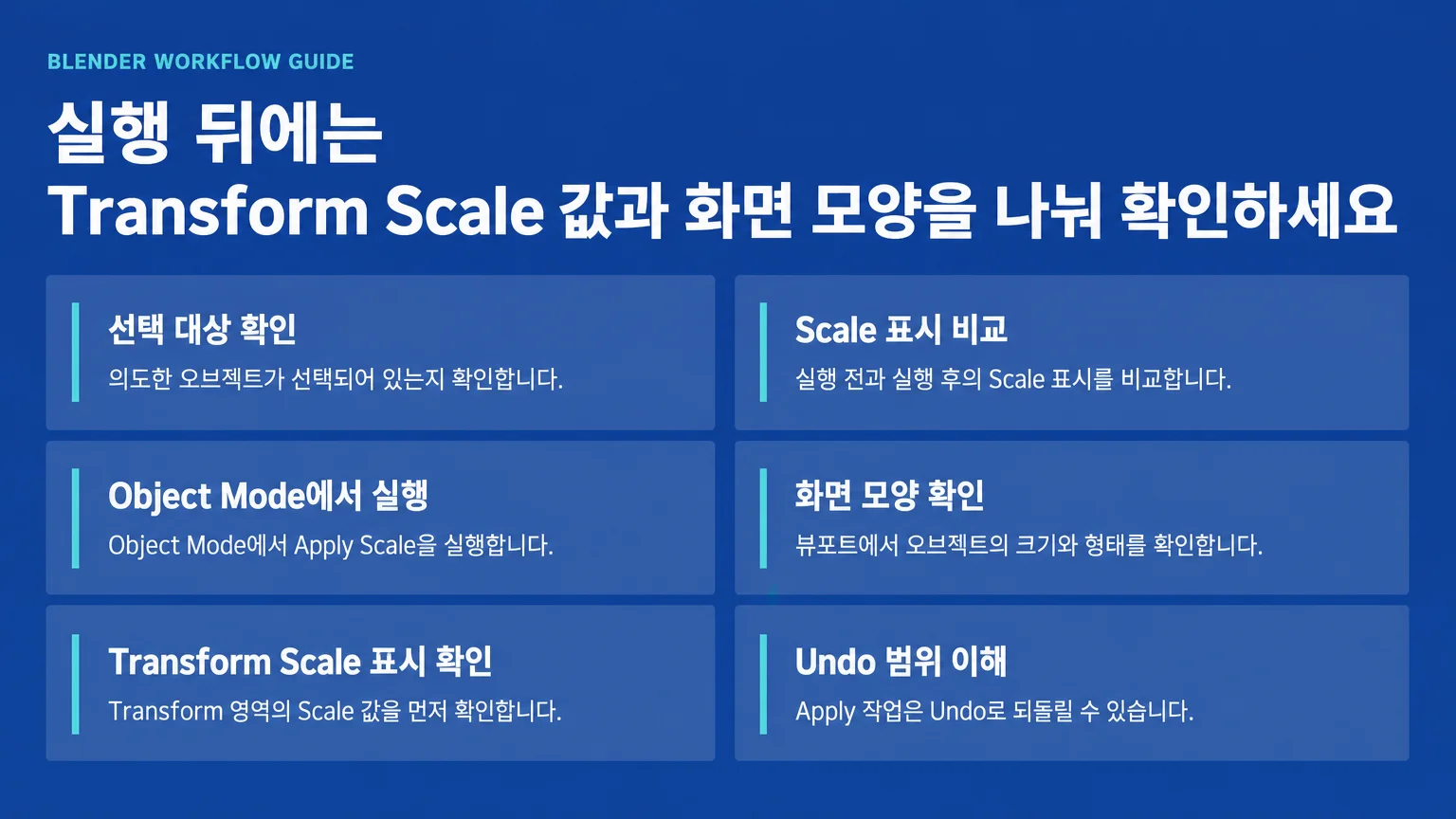 Apply Scale 전후에 확인할 선택 대상, Object Mode, Transform Scale 표시, Undo 범위