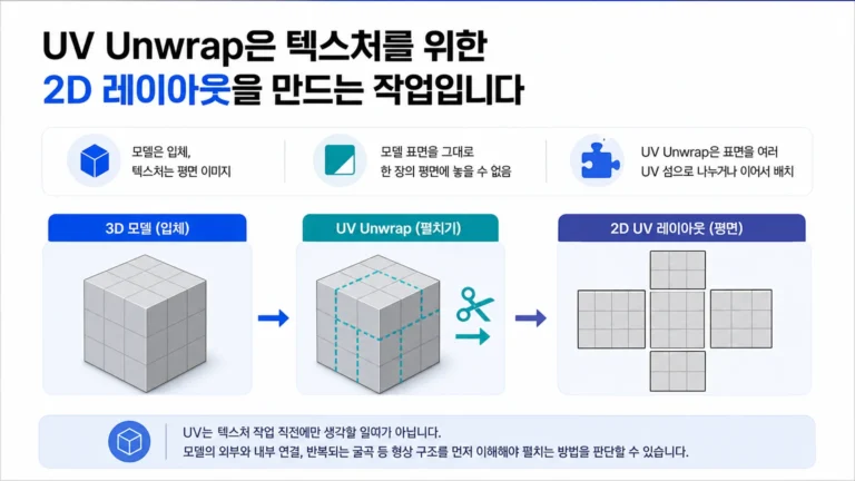 3D 메시 표면이 평면 UV 레이아웃으로 펼쳐지는 원리를 보여주는 인포그래픽